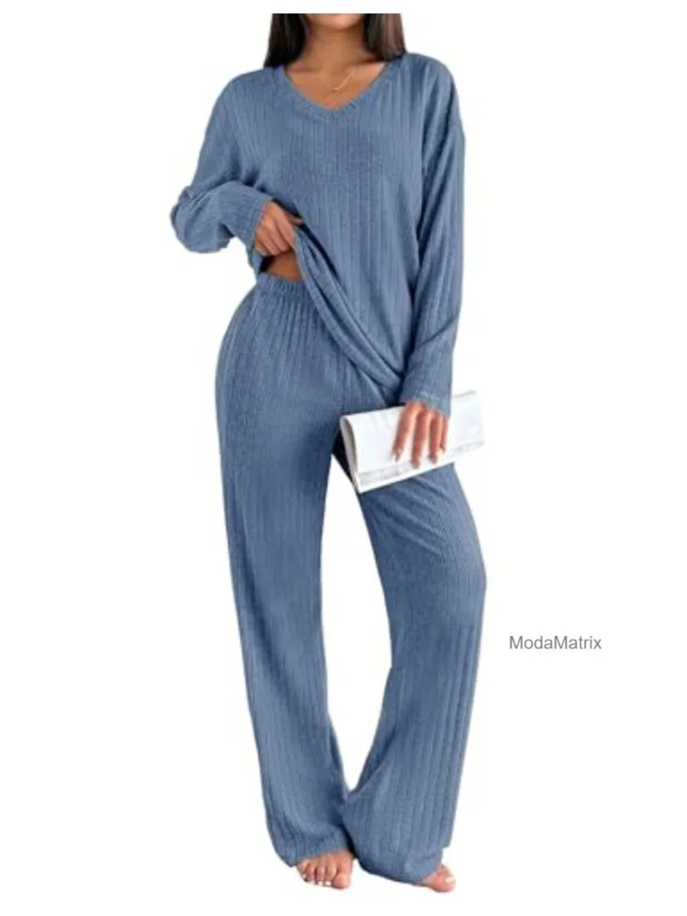 Women's Long Sleeve Ribbed Knit Lounge Set 2 Piece with Pockets